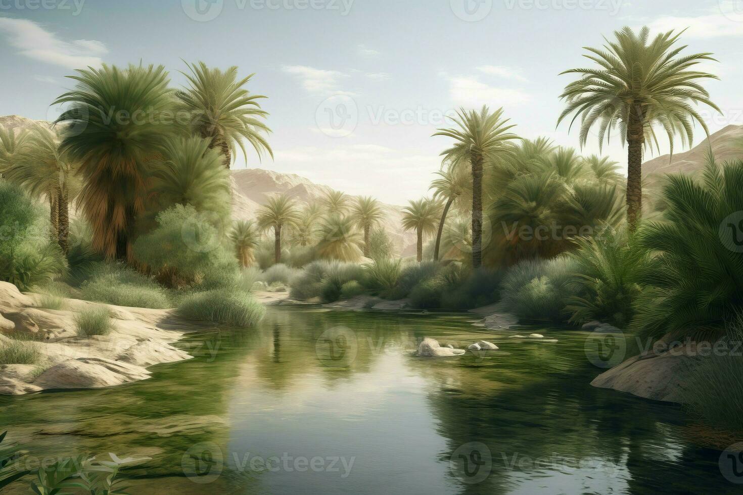 AI generated Desert tropical oasis digital art. Generate ai photo