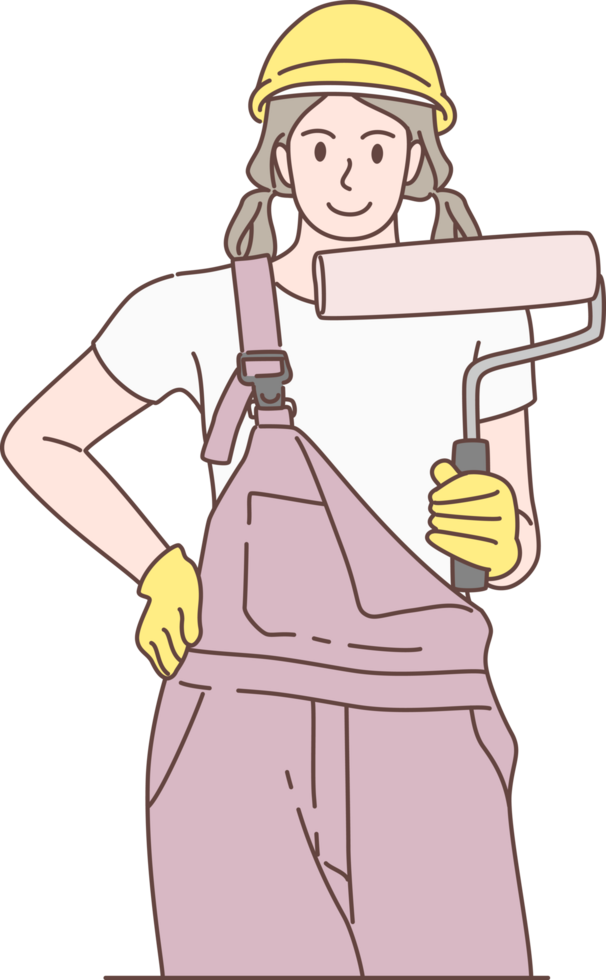 Illustration of house Painter character, standing holding paint roller