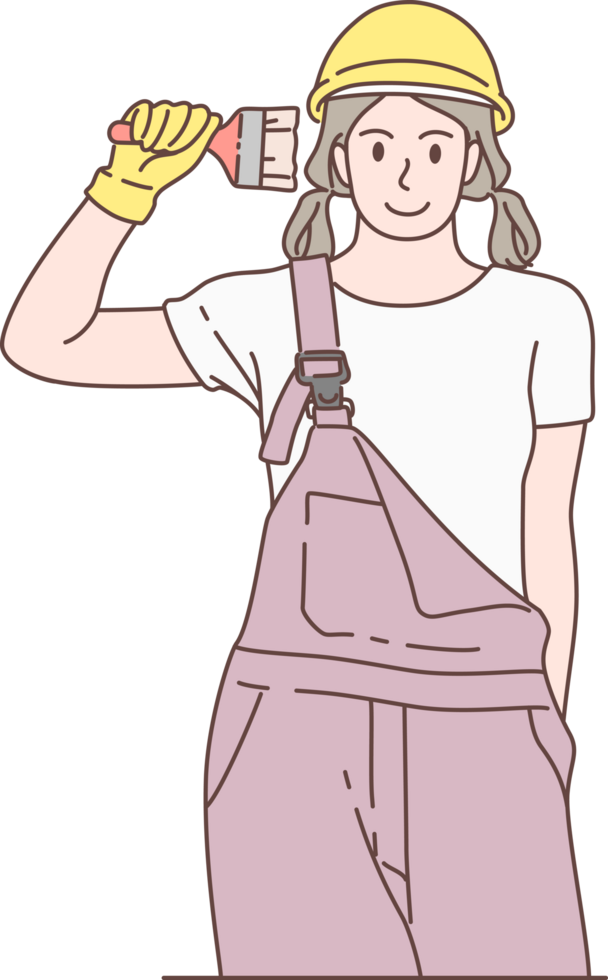 Illustration of house Painter character, standing holding paint brush. Hand drawn style. png