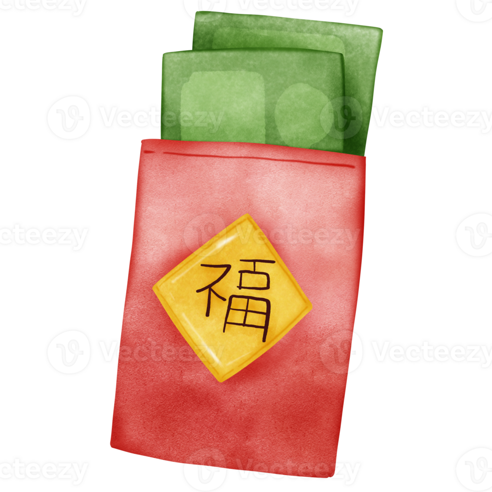 Unseales Asian money bag in red color with green bank png