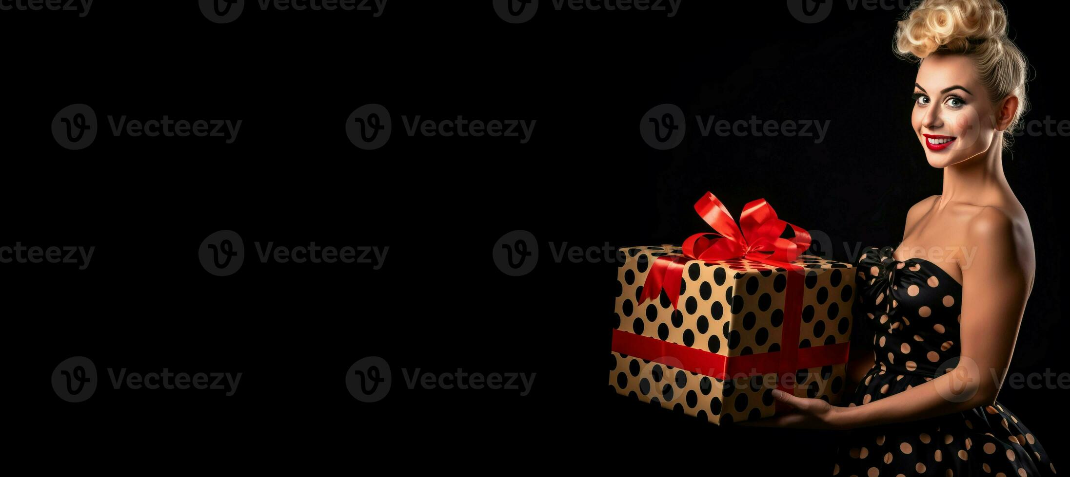 AI generated Nice looking smiling woman with gift box on black background banner. Generate ai photo