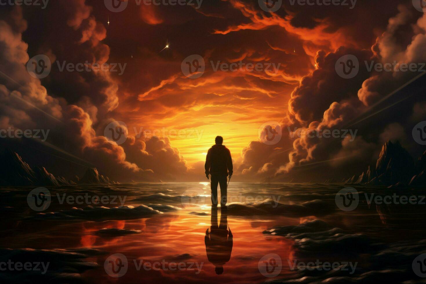 AI generated Radiant Man arms sunset power. Generate Ai photo