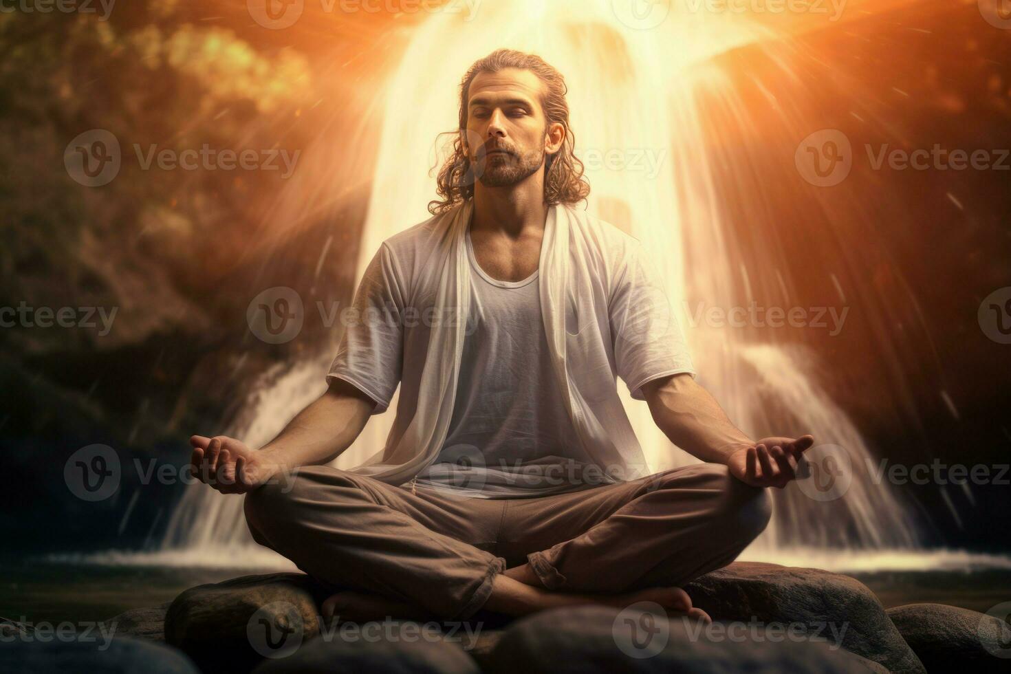 AI generated Peaceful Man sitting meditate in nature. Generate Ai photo