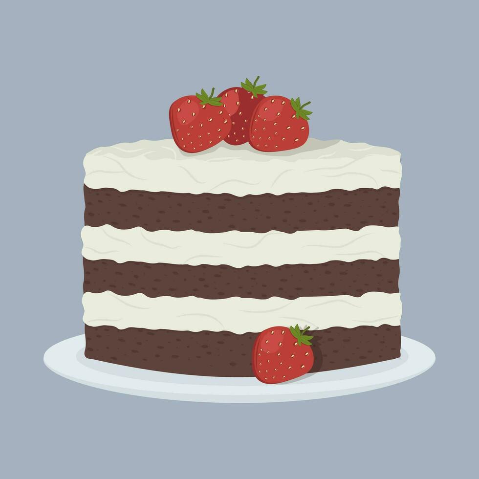 chocolate sponge cake decorated with strawberries vector