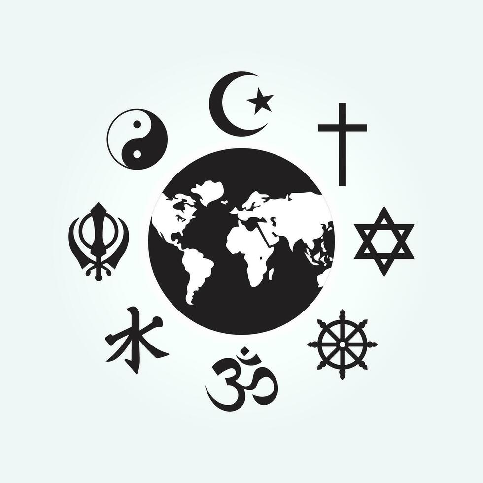 mundo religioso símbolo. religiones islam, budismo, taoísmo, judaico, cristiano y sij vector ilustración