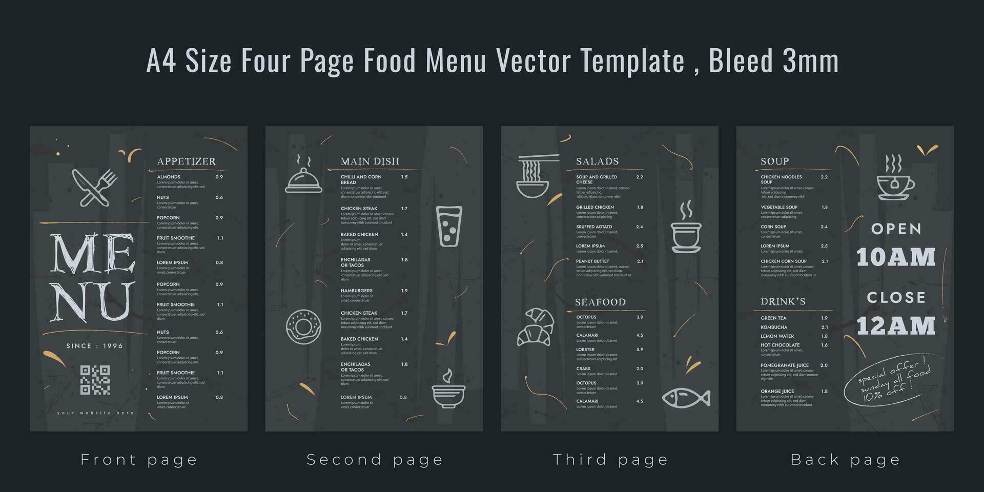 Restaurant cafe menu, template design, A4 size four page food menu template, bleed 3mm vector