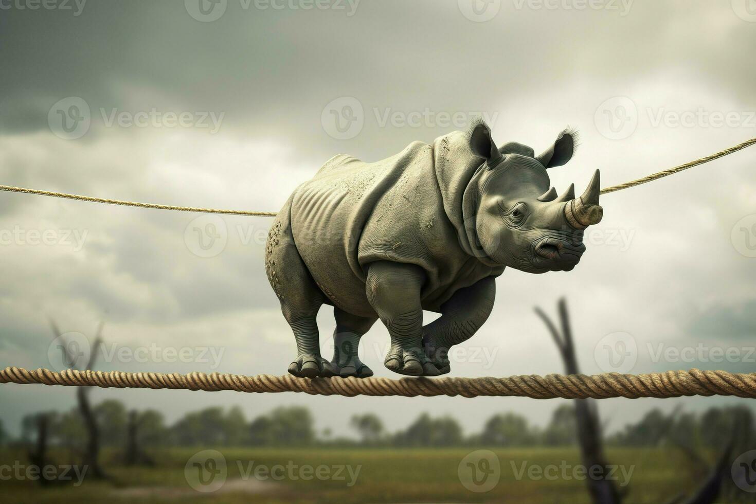 AI generated Rhinoceros strolling tightrope. Generate AI photo