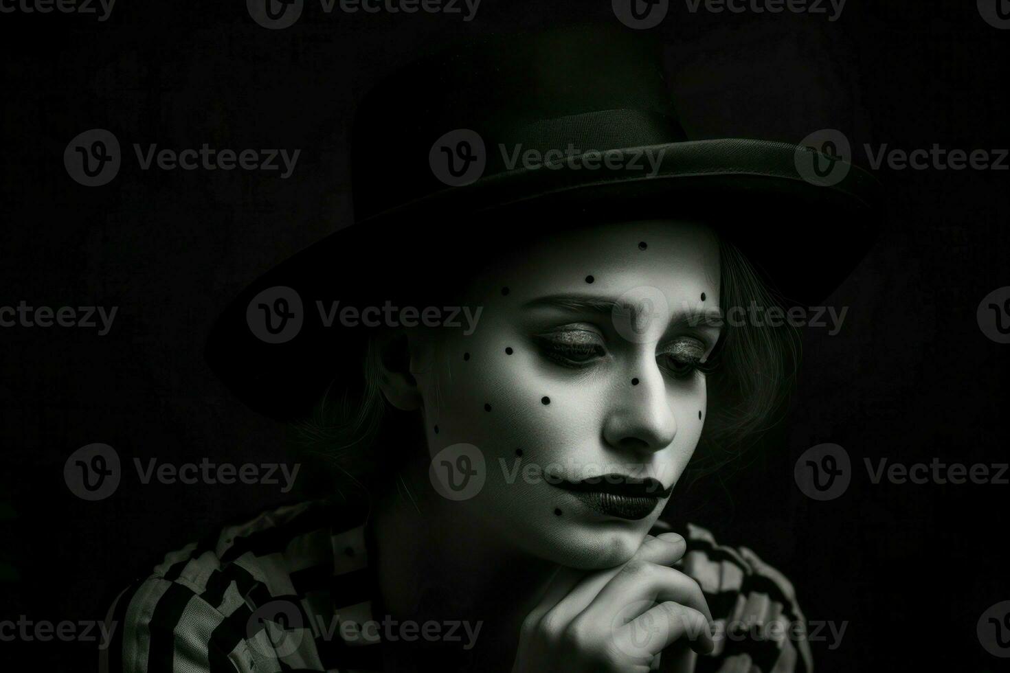 AI generated Sad clown black and white makeup woman. Generate ai photo