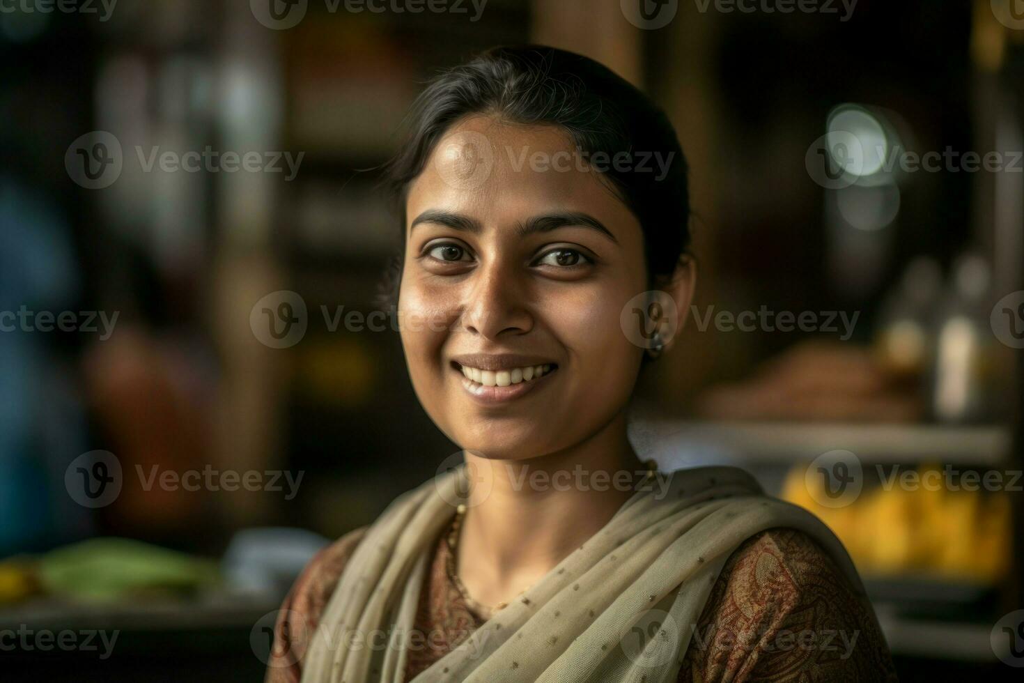 AI generated Smiling saleswoman on local market. Generate ai photo