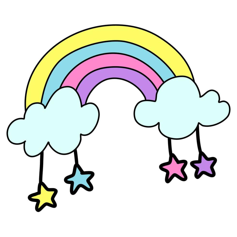 Cute clouds and rainbow hanging with stars on white background. vector