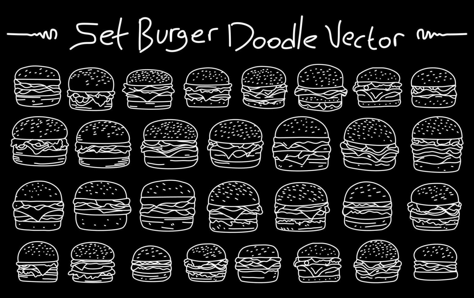 hamburger doodle. burger doodle collections. hand drawn of burger. set doodle of hamburger. fast food doodle elements. vector