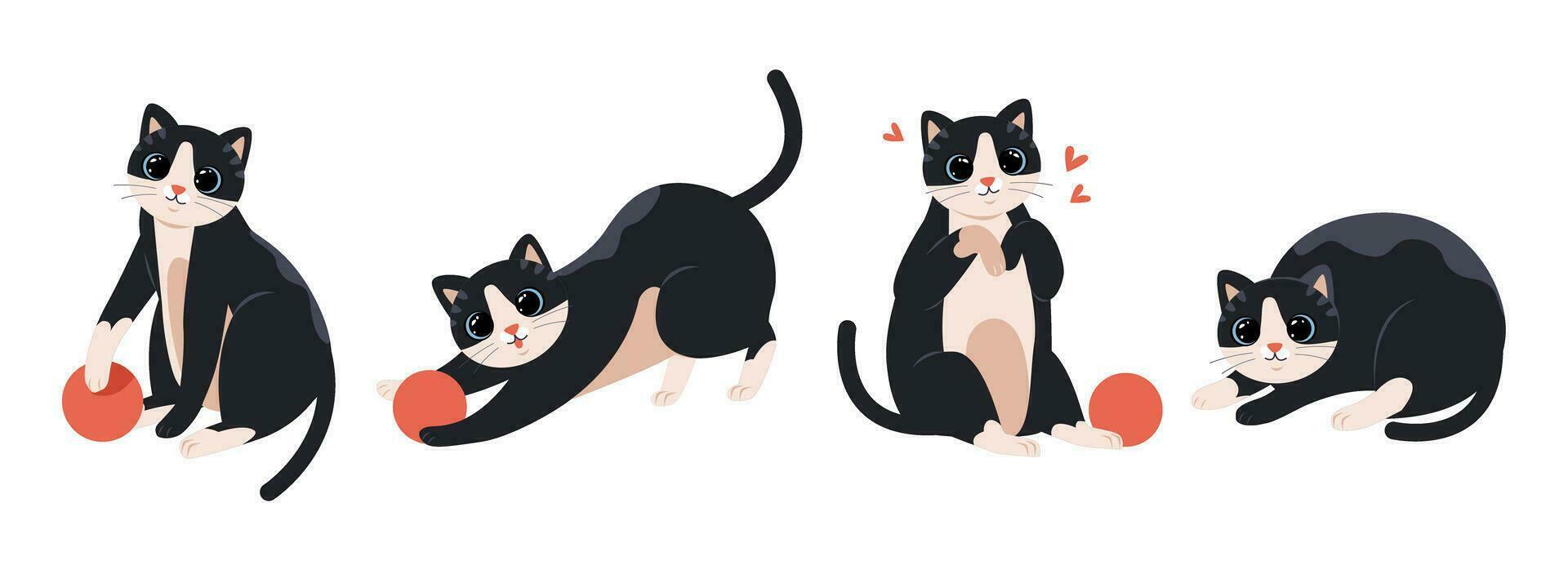 Cute funny playful black and white cat. Set of pet flat vector illustrations.