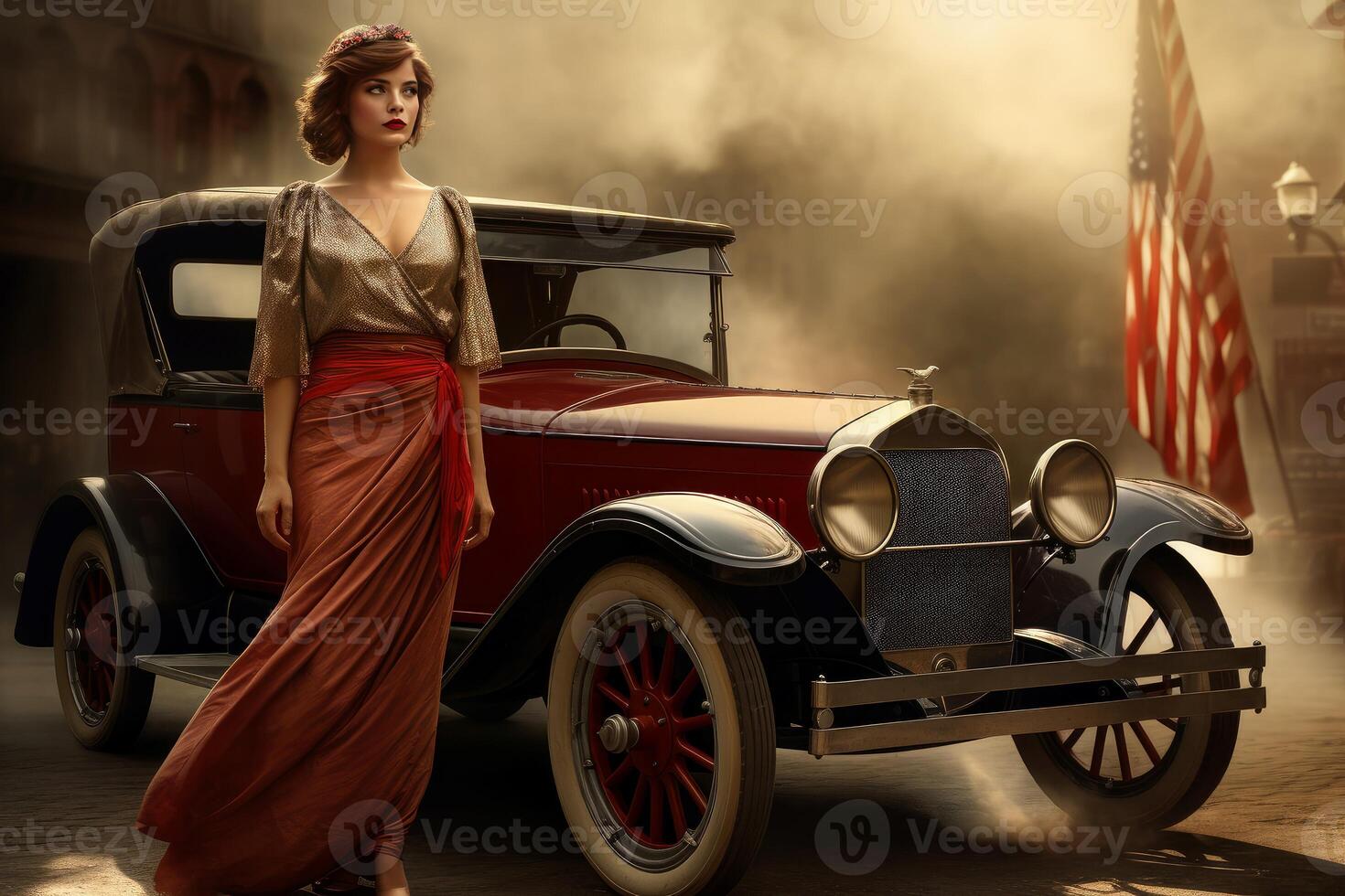 AI generated Distinctive American woman vintage car 1920 year. Generate Ai photo