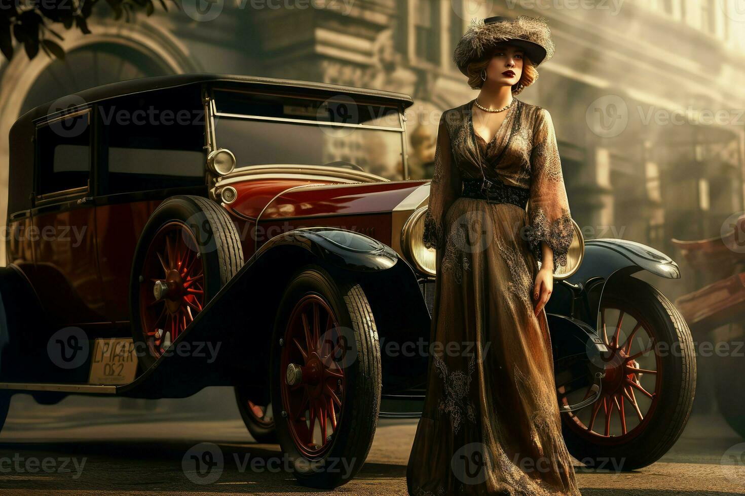 AI generated Historic American woman vintage car 1920 year. Generate Ai photo