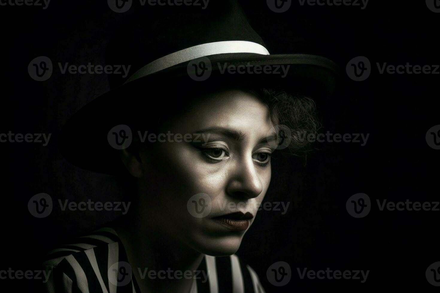 AI generated Unhappy clown woman with hat. Generate ai photo