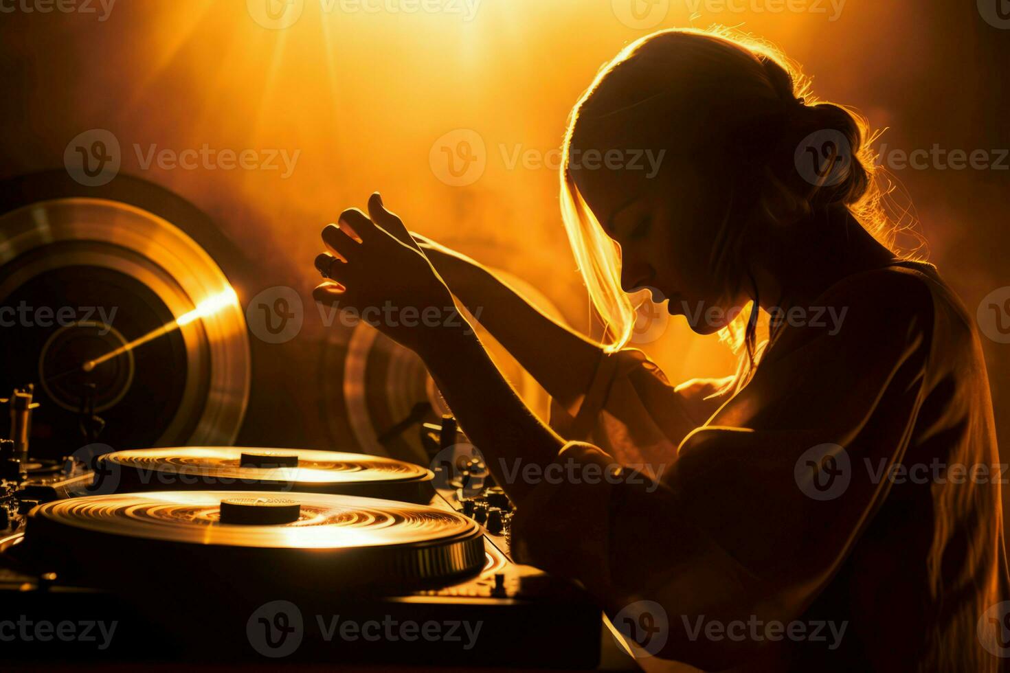 AI generated Silhouette girl playing dj. Generate AI photo