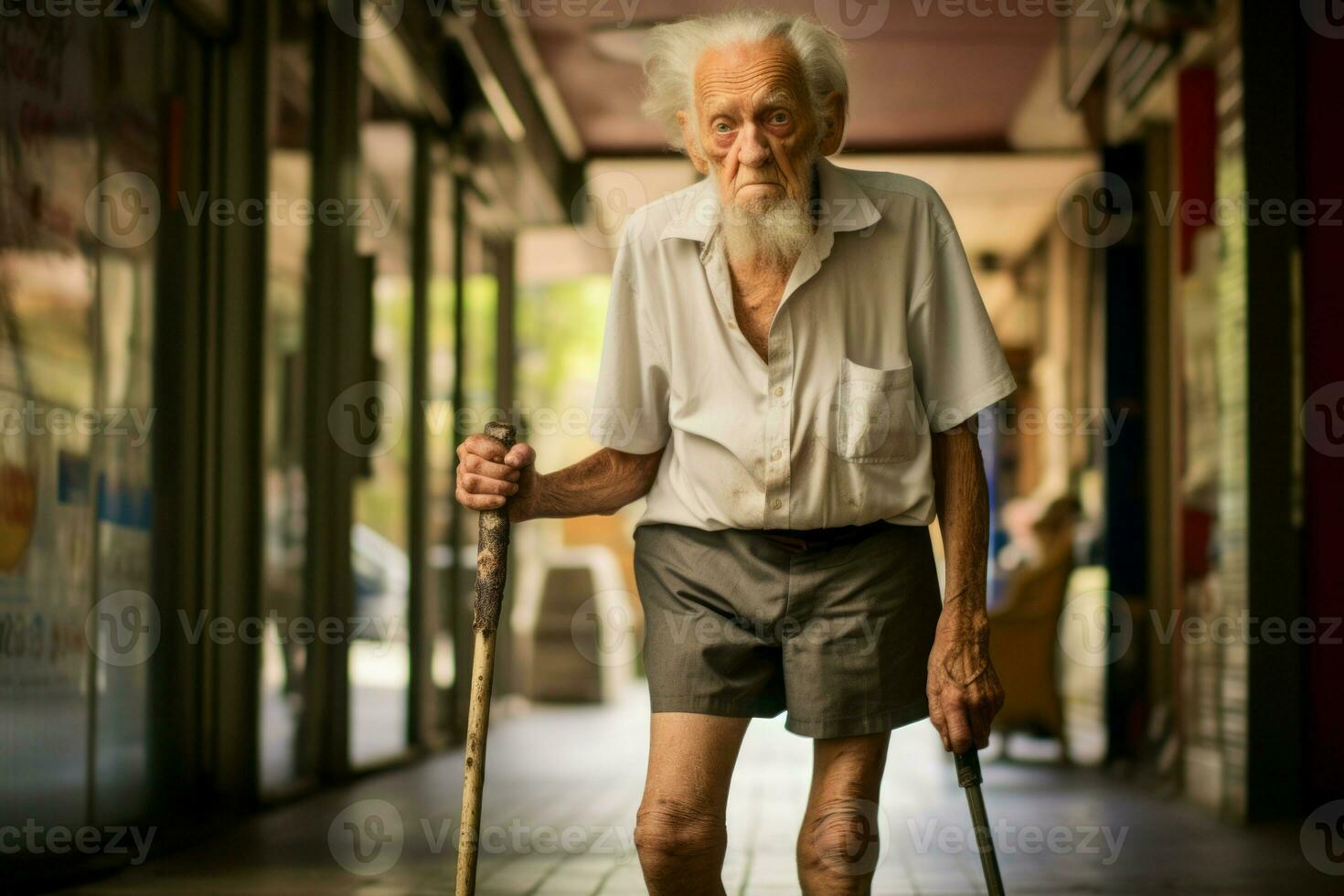 AI generated Grumpy elderly citizen man with walking sticks. Generate ai photo