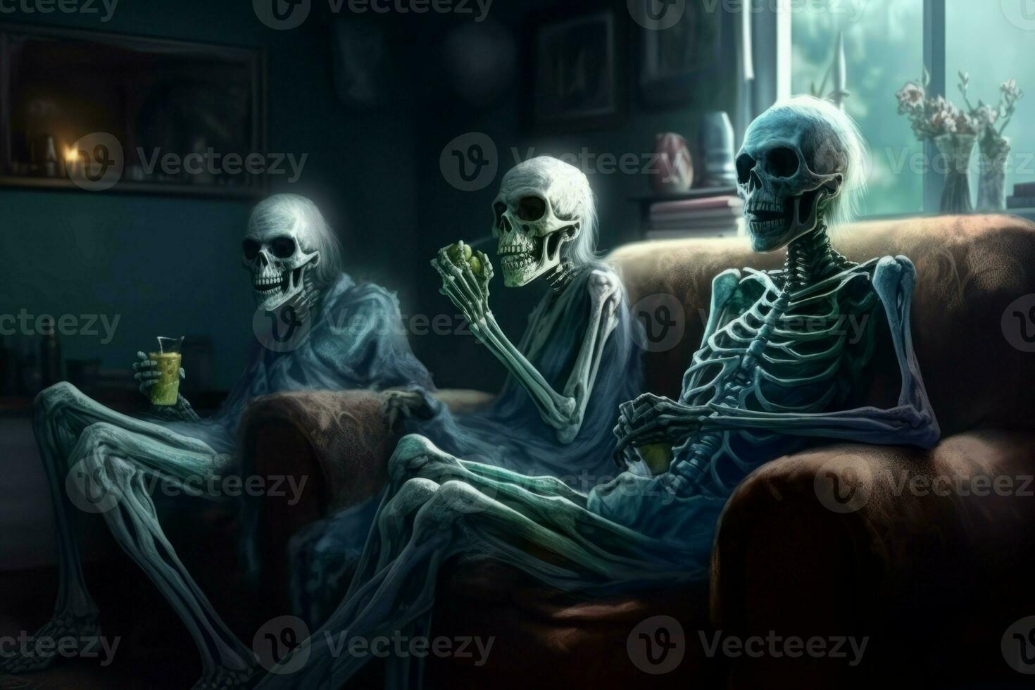 AI generated Skeletons watching tv. Generate AI photo