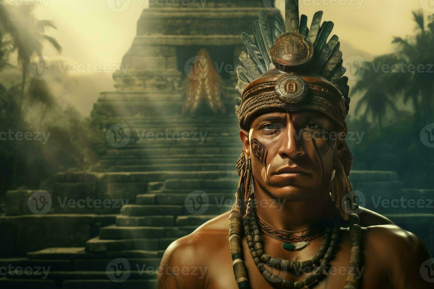 AI generated Imposing Aztec strong man old pyramid. Generate AI photo