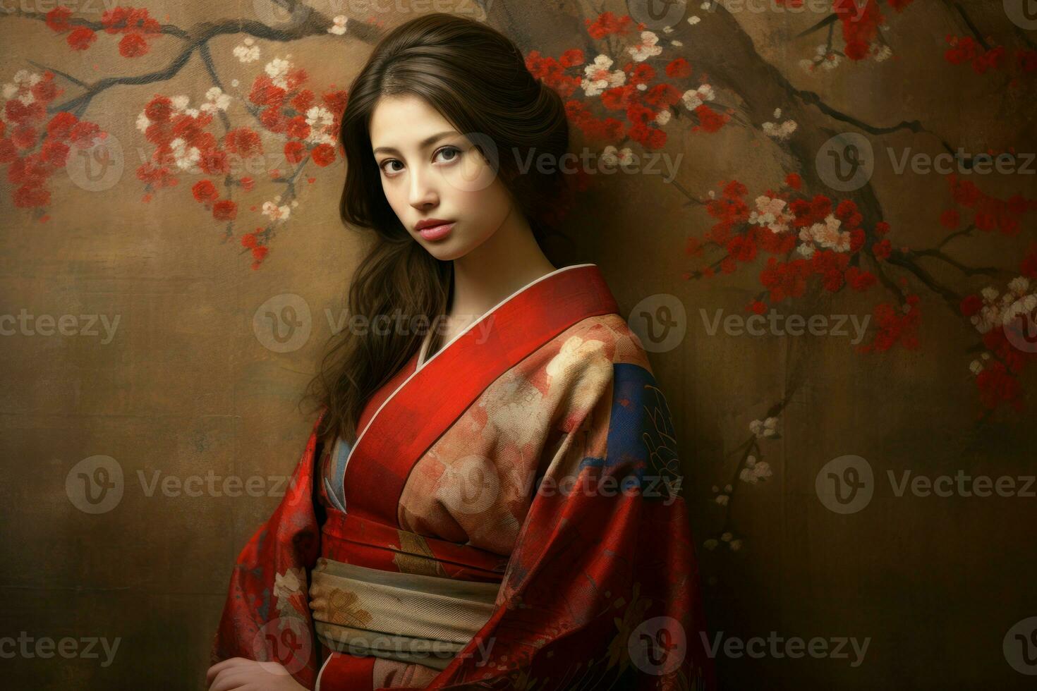 ai generado tranquilo japonés mujer kimono jardín. generar ai foto