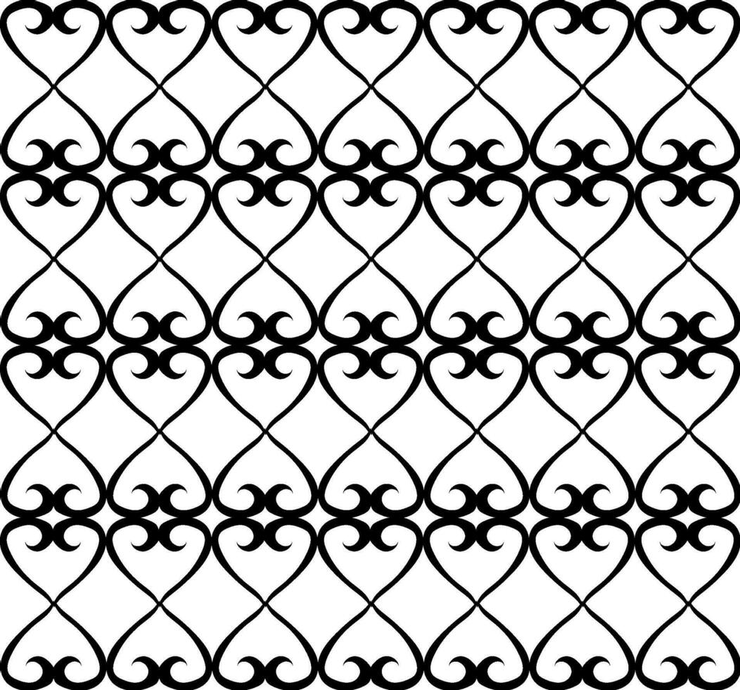 Vector geometric black pattern in the form of an original lattice of spirals and hearts on a white background