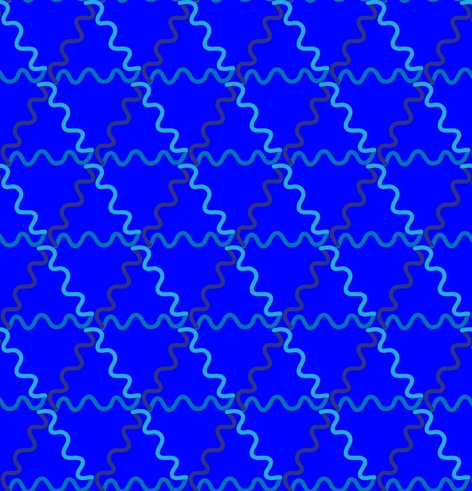 Seamless vector geometric texture in the form of multi-colored wavy lines and triangles on a blue background