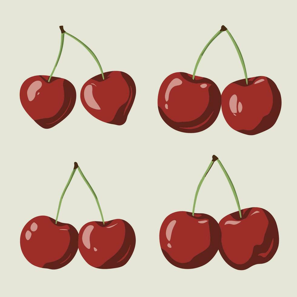 four cherries with leaves and one with a stem vector