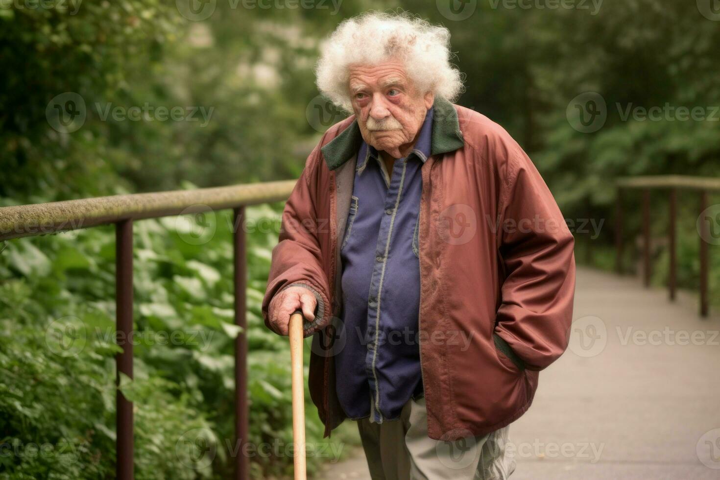 AI generated Grumpy senior citizen with walking stick. Generate ai photo