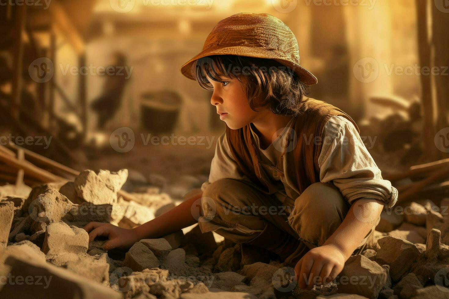 AI generated Enthusiastic Archaeologist child boy. Generate Ai photo