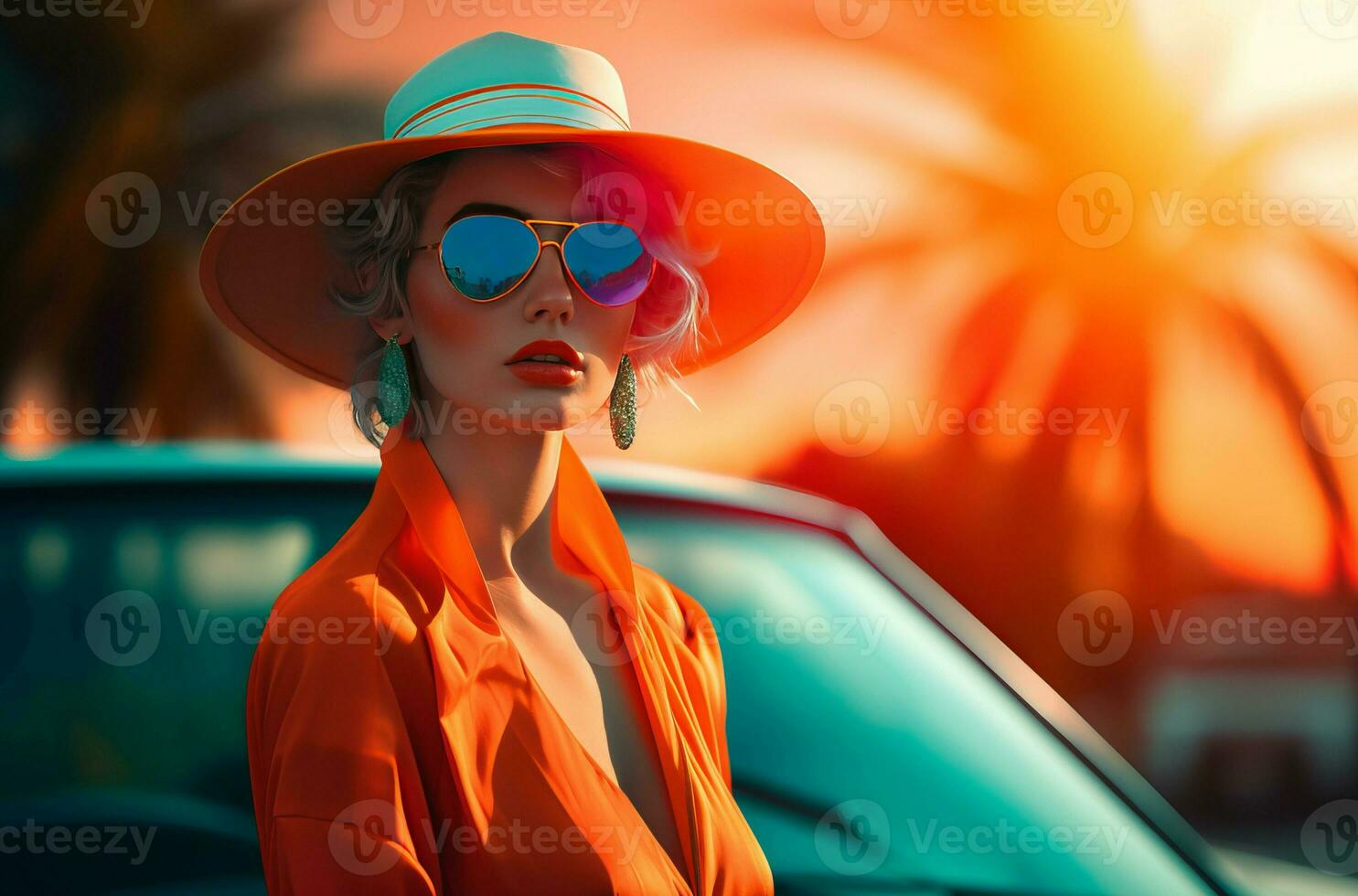 AI generated Model with sunhat in vibrant retro futuristic outfit. Generate ai photo