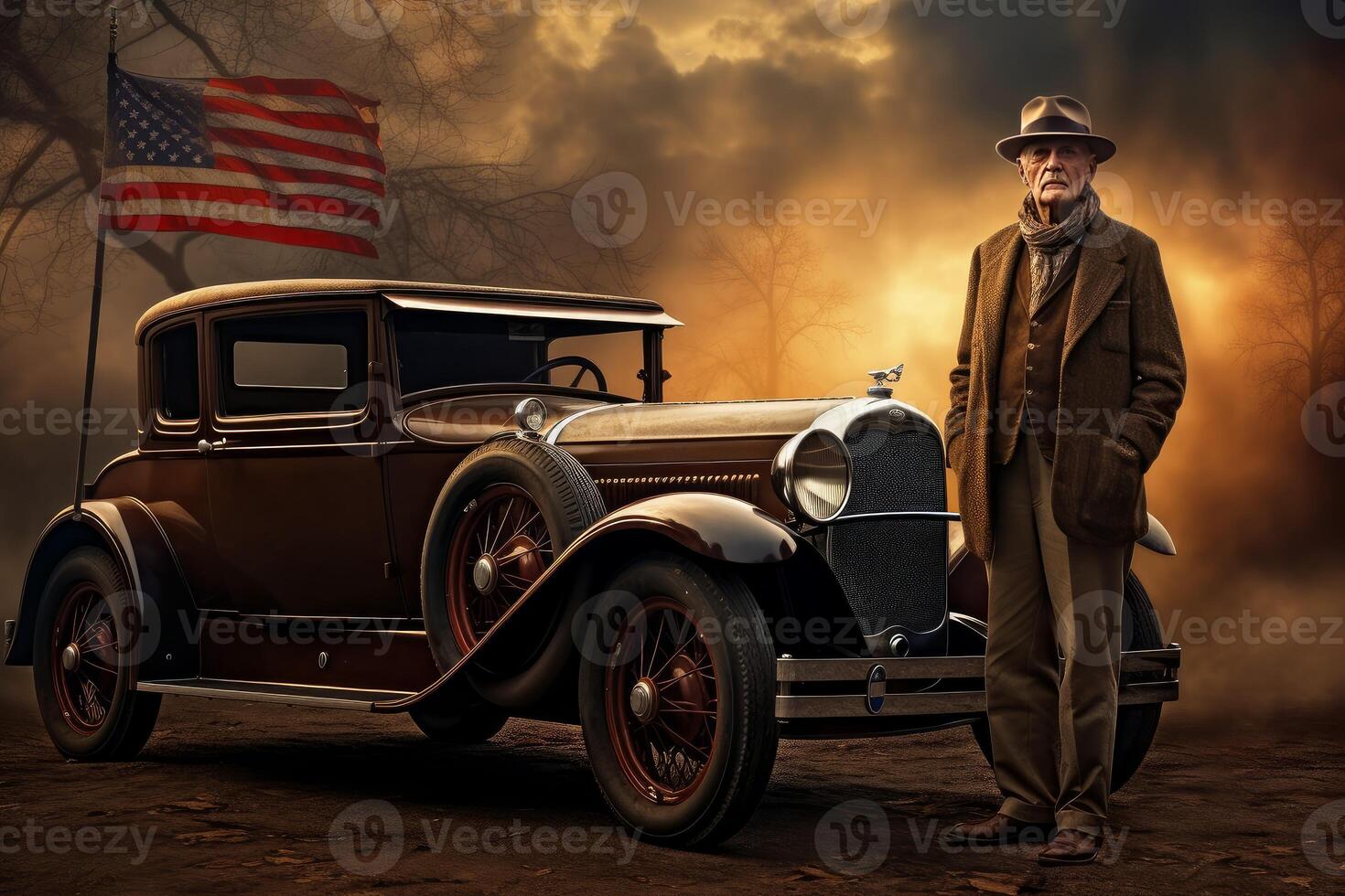 AI generated Stylish American man near vintage car. Generate Ai photo