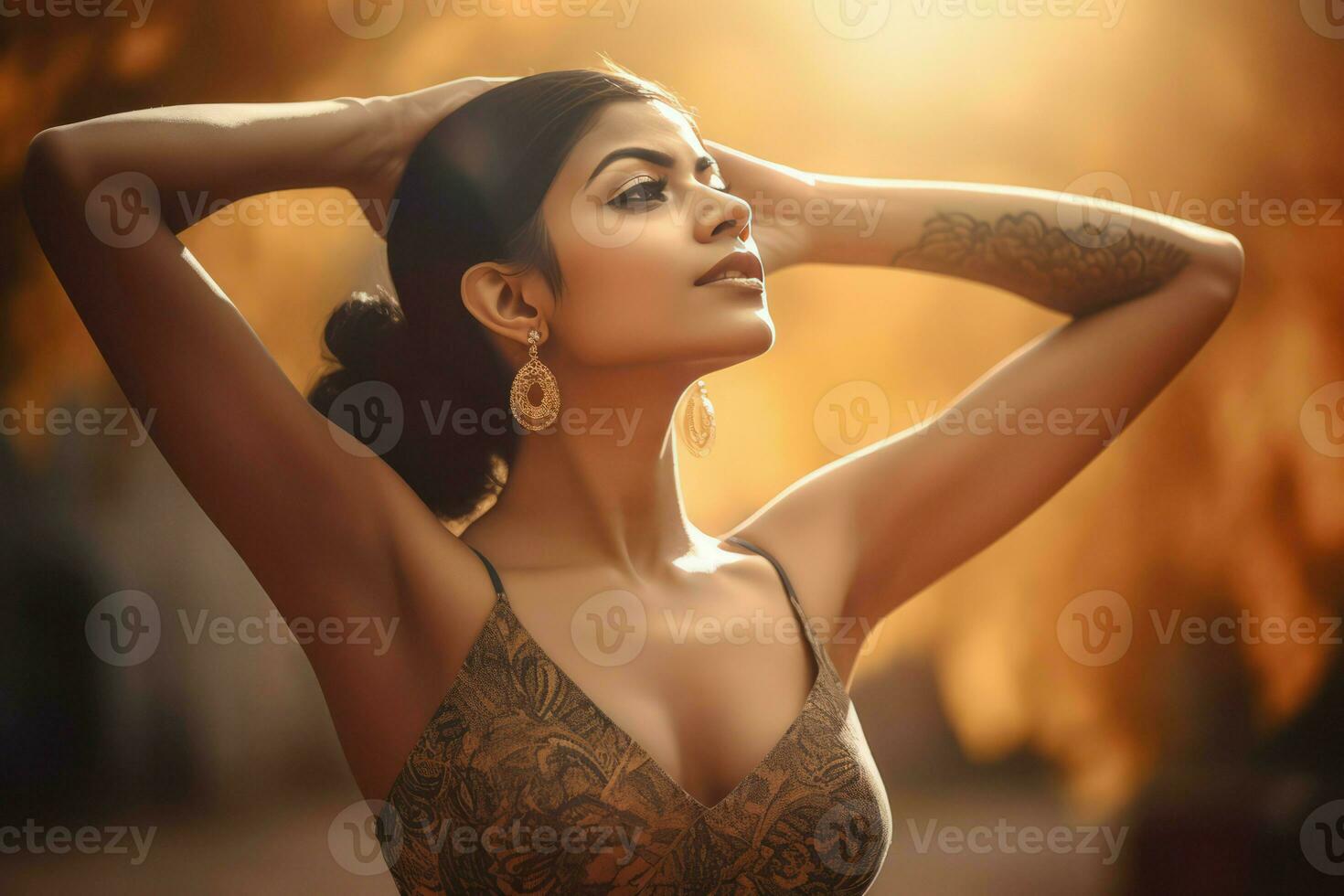 AI generated Indian woman with arms behind head. Generate ai photo