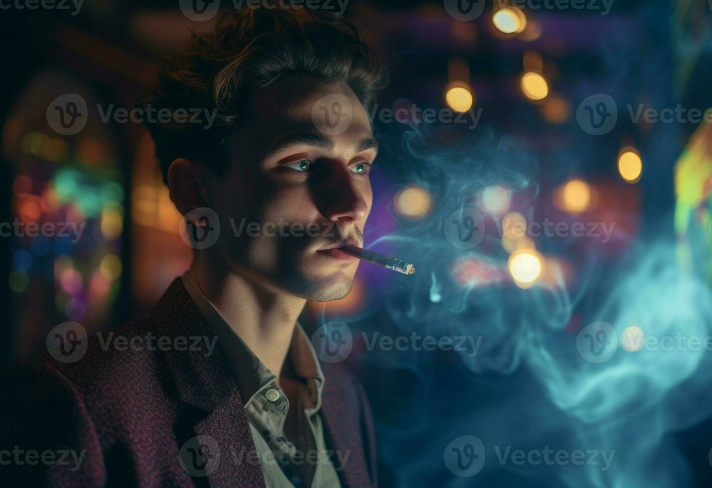 ai generado fotografía atractivo Caballero fumar en oscuro interior. generar ai foto