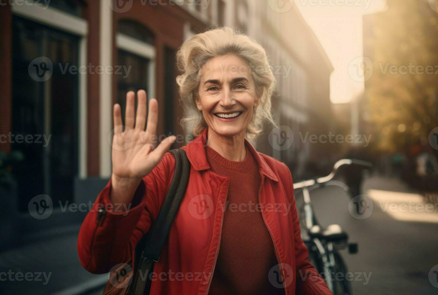 AI generated Smiling aged woman in red jacket shows hello outdoor. Generate ai photo