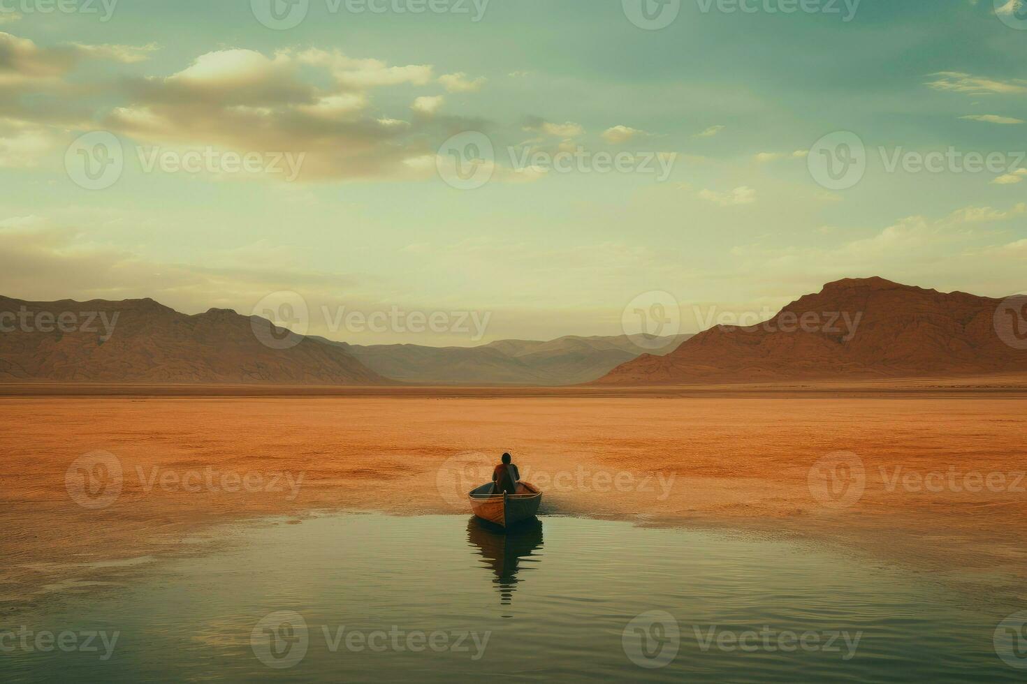 AI generated Parched Man boat desert. Generate Ai photo