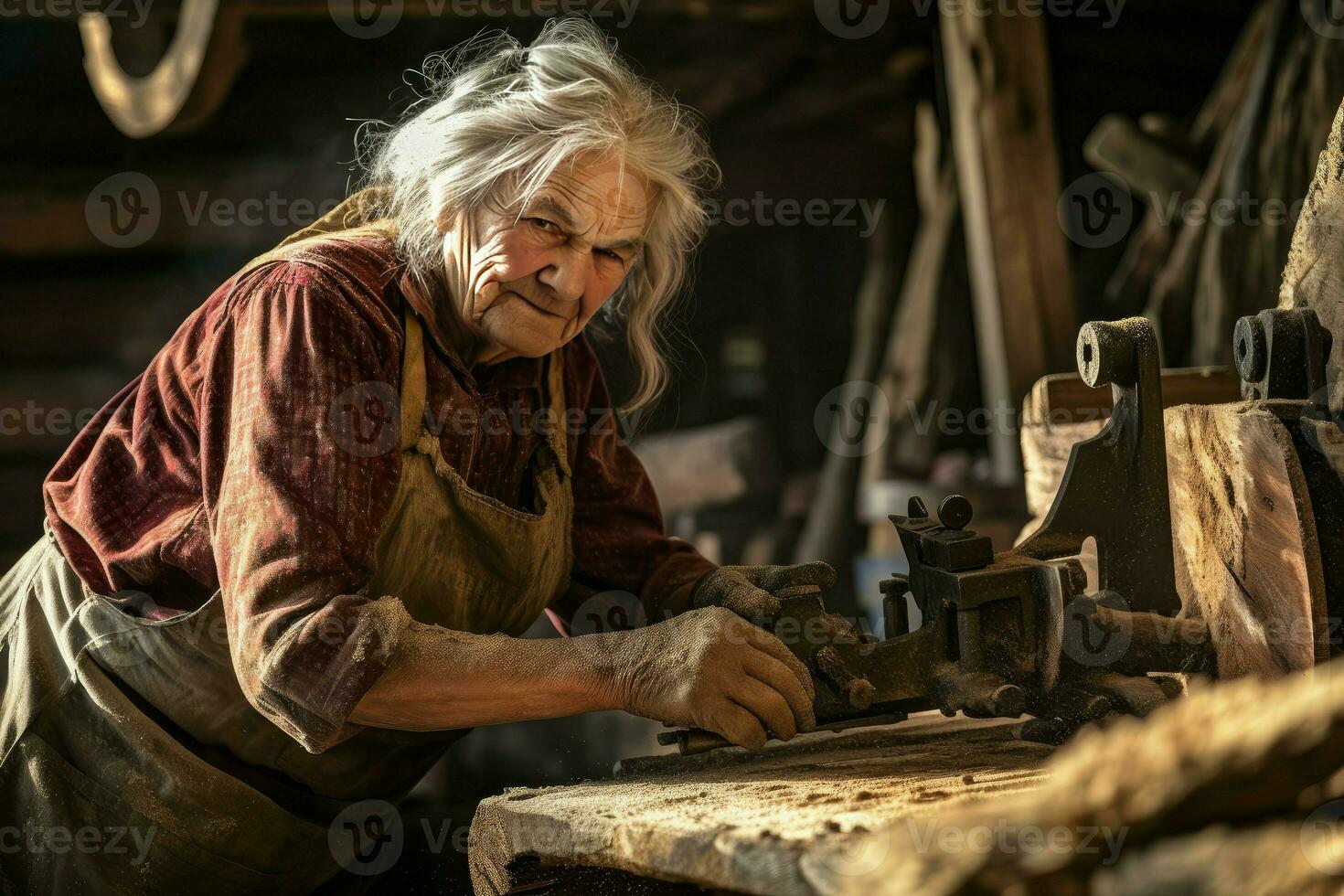 AI generated Carpenter old woman sawmill. Generate Ai photo