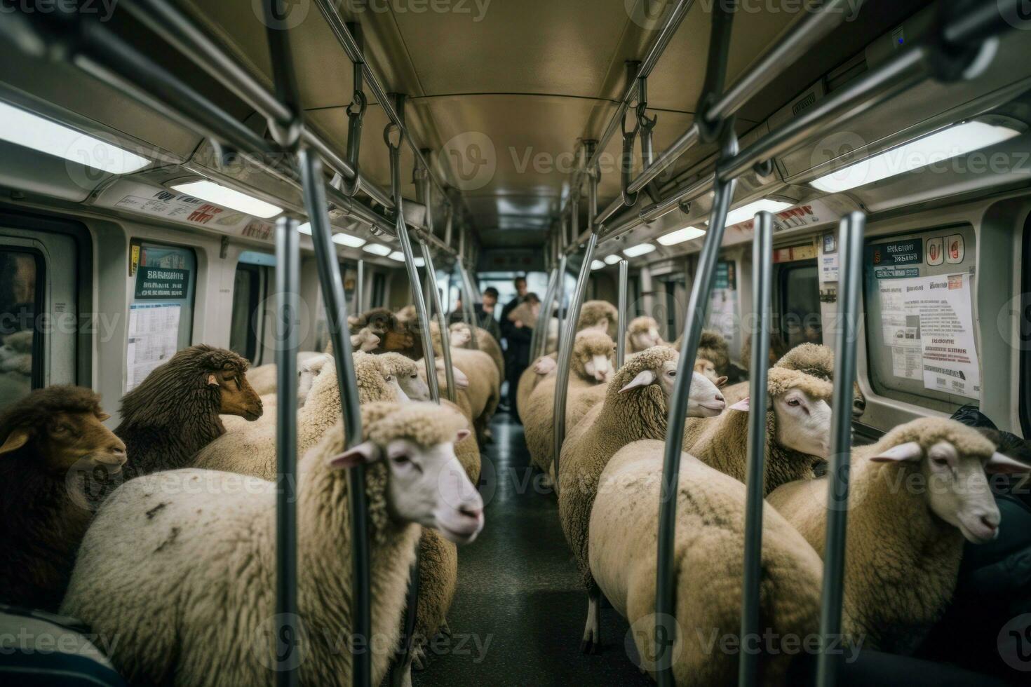 AI generated Sheep crammed subway commuters. Generate ai photo