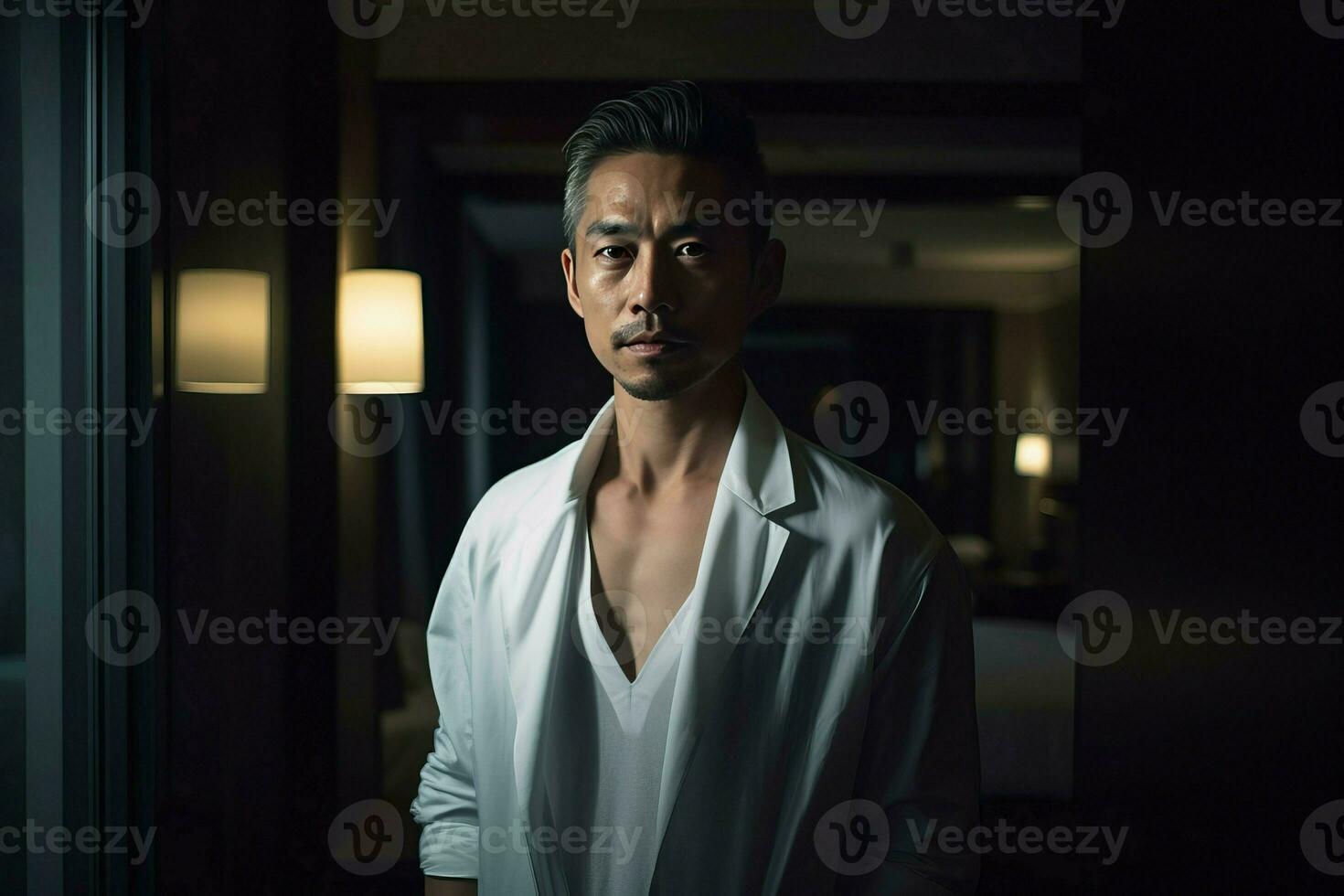 AI generated Night evening handsome man in white robe indoor. Generate ai photo