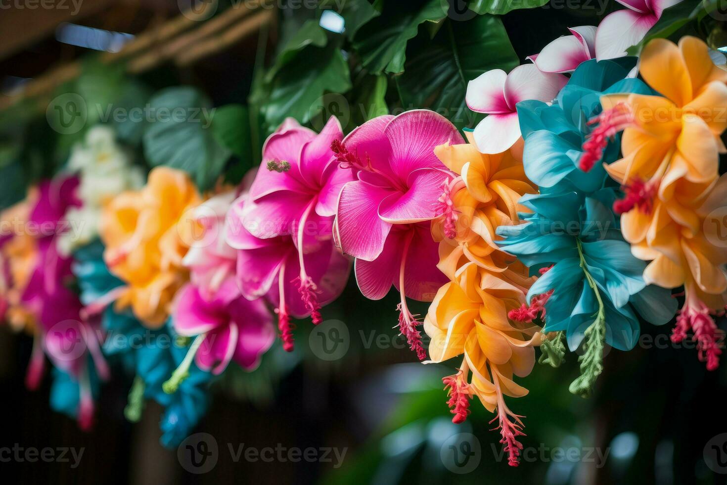 AI generated Exotic Hawaii garland flowers. Generate Ai photo