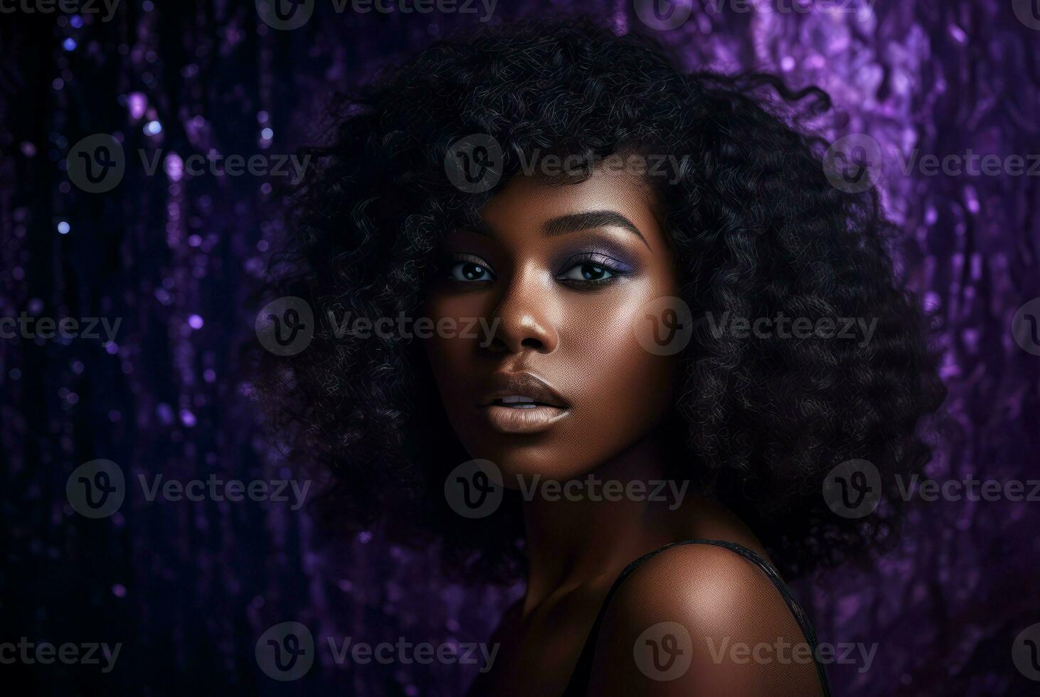 AI generated Shiny purple curly black female star. Generate ai photo