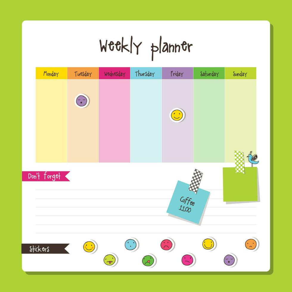 Planner. Weekly Note paper, Notes, to do list. Organiser planner template. vector