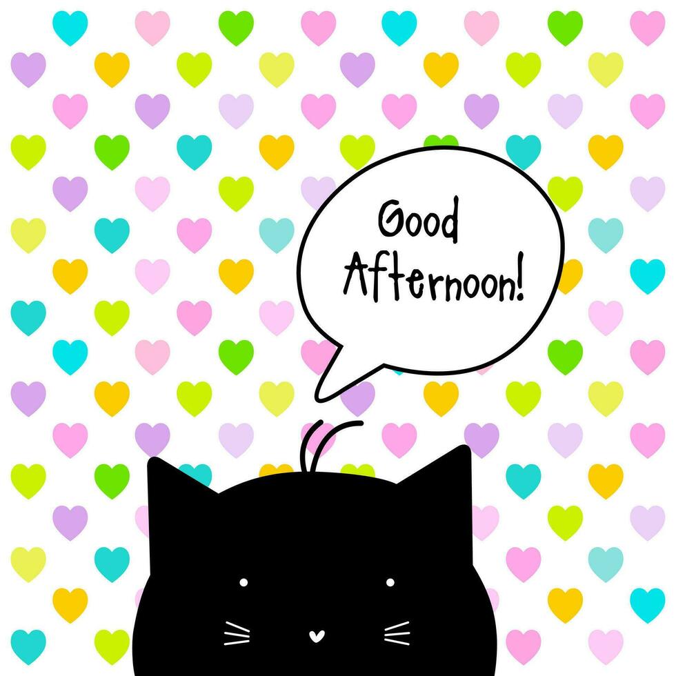 Greeting card Good Afternoon. Cat character on colorful heart background with talk bubble. vector