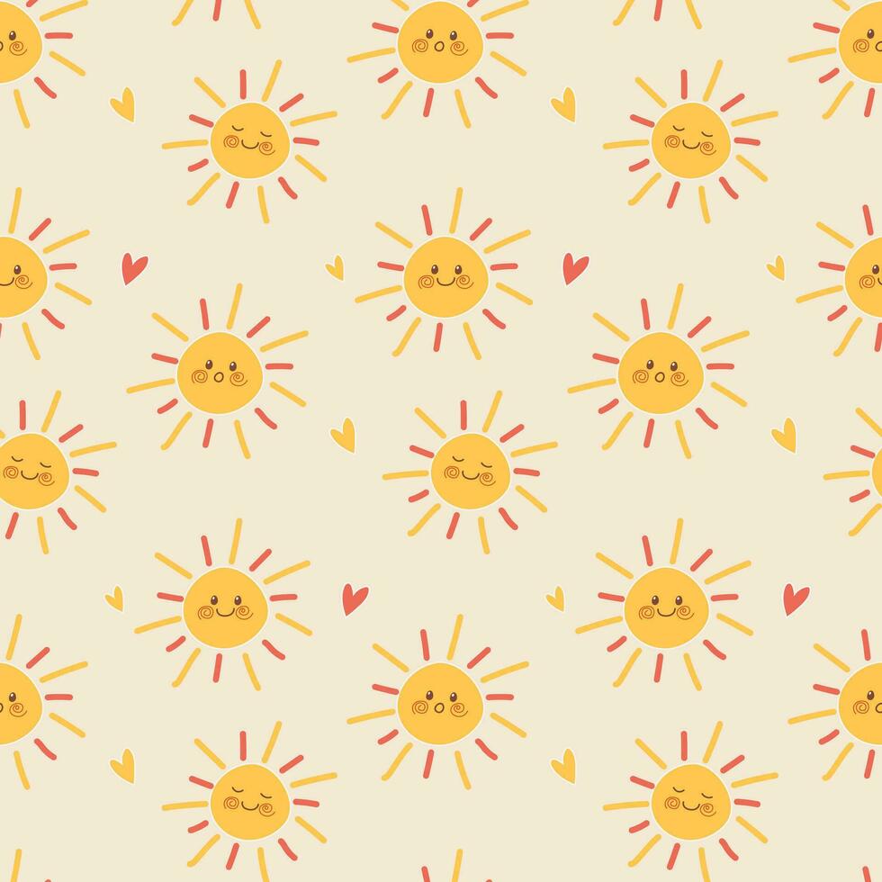 Hand drawn flat cute sun seamless pattern. Printable for cloth textile, booklet, backdrop, paper, wrapping paper. vector