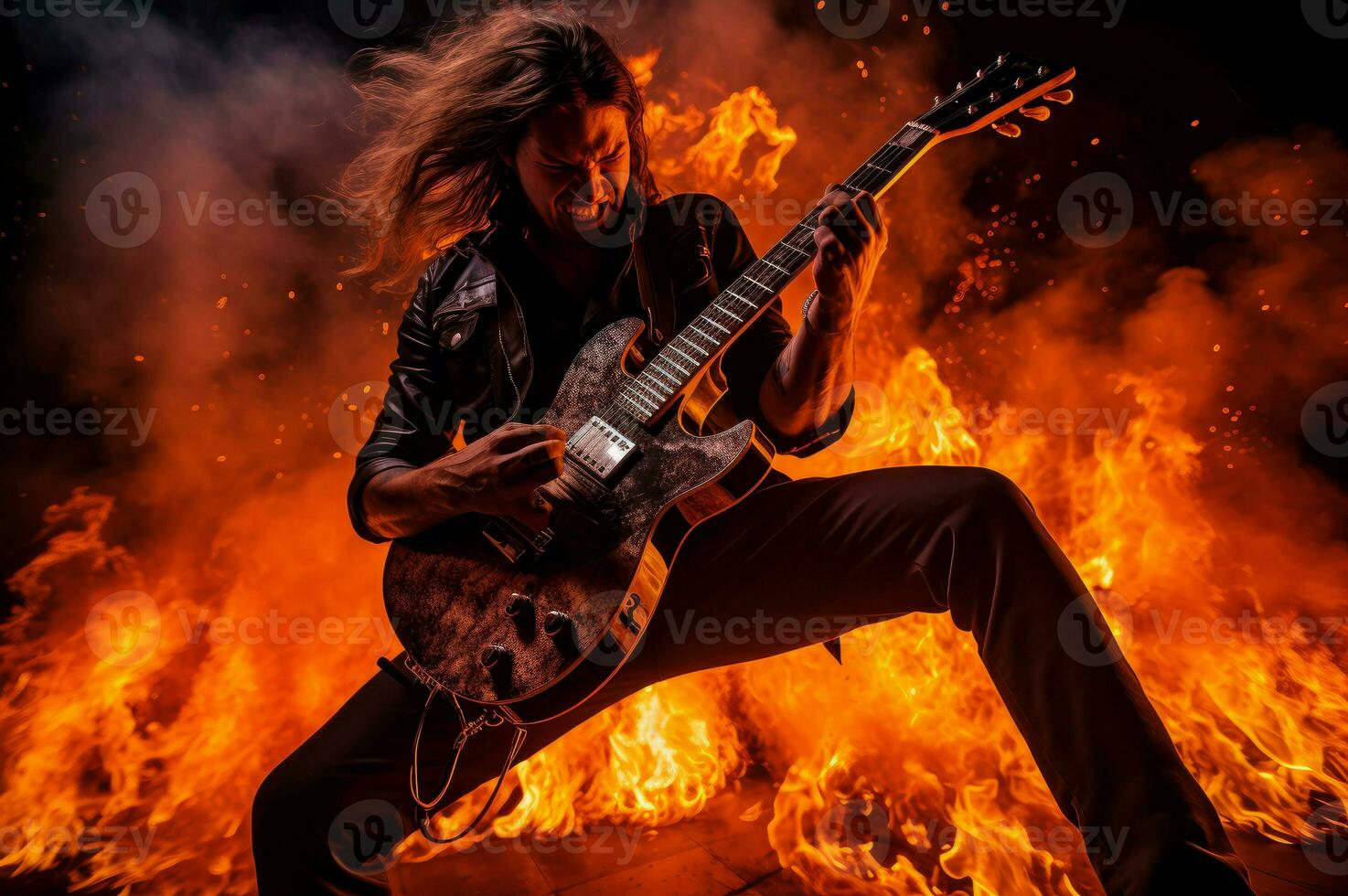 AI generated Dynamic Guitarist take on fire. Rock stage music photo
