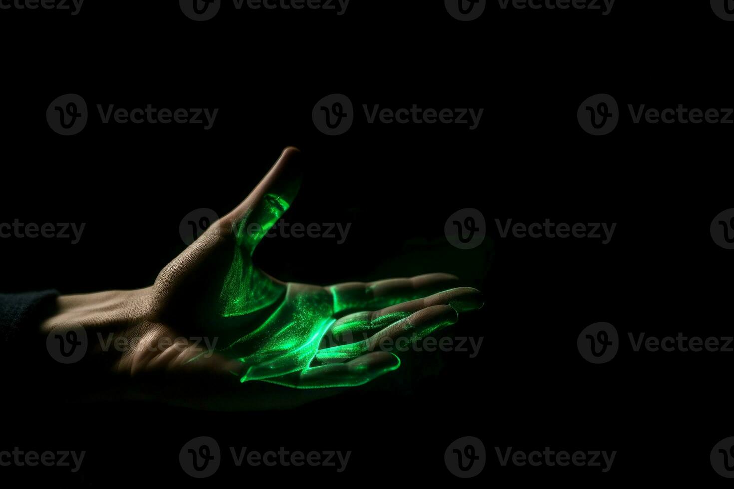 ai generado verde holograma de mano palma en negro antecedentes. generar ai foto