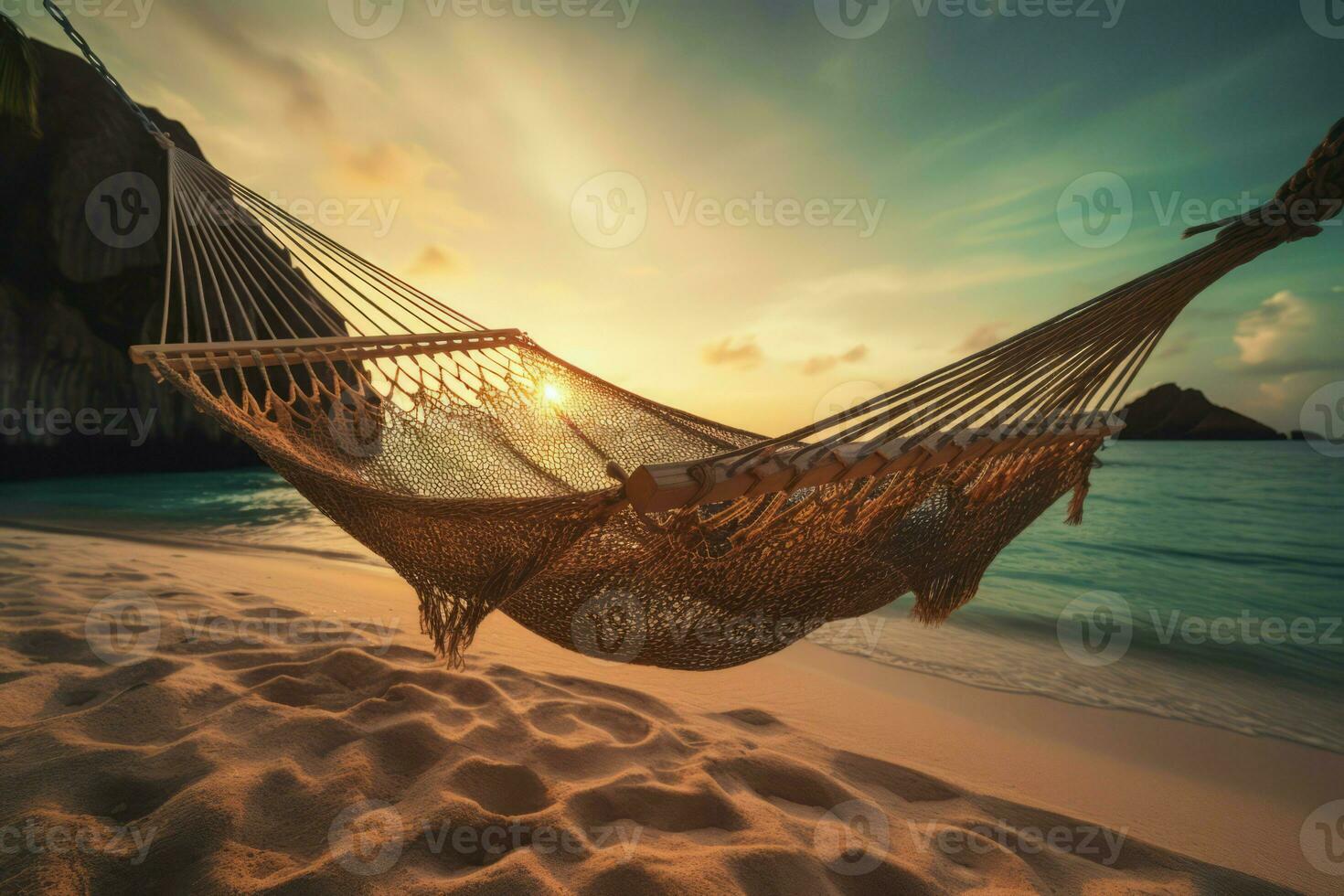 AI generated Hammock on exotic beach with sunrise scenery. Generate ai photo