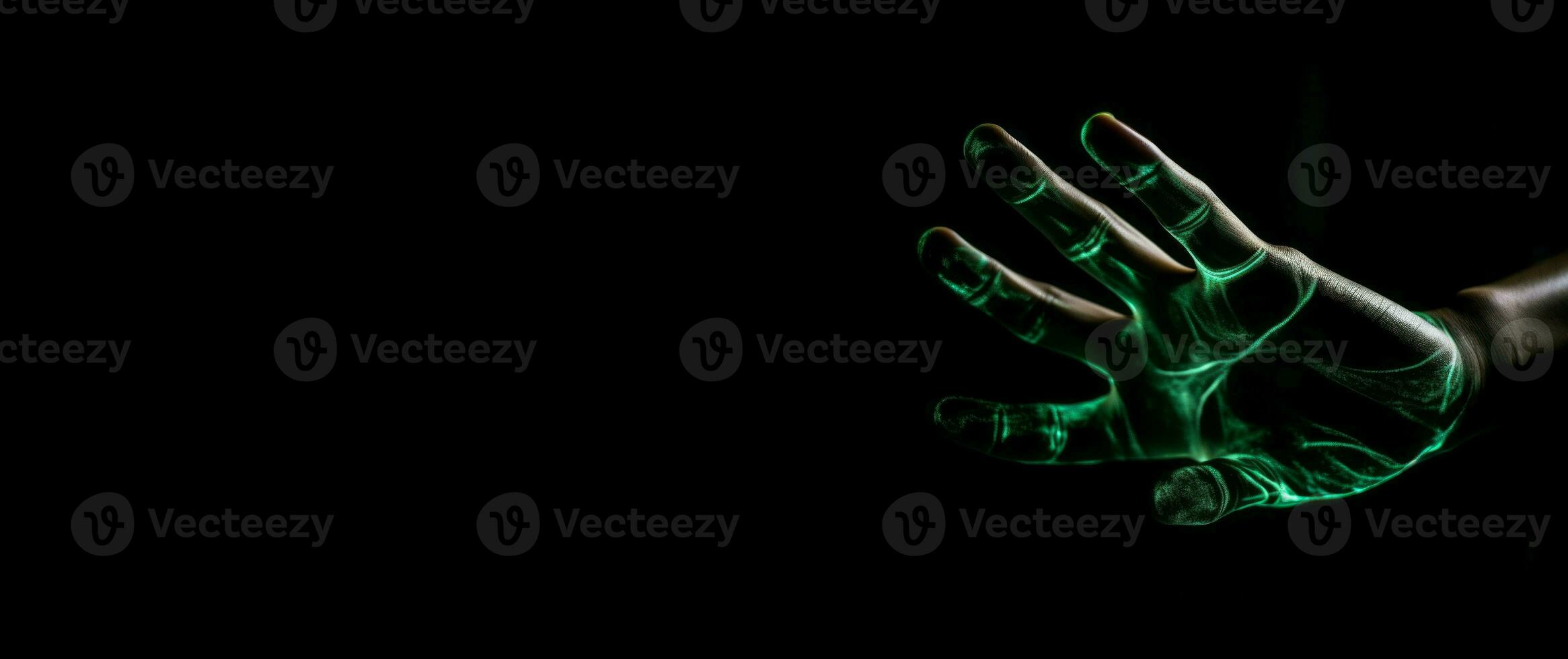 AI generated Green hologram of human hand on dark background banner. Generate ai photo