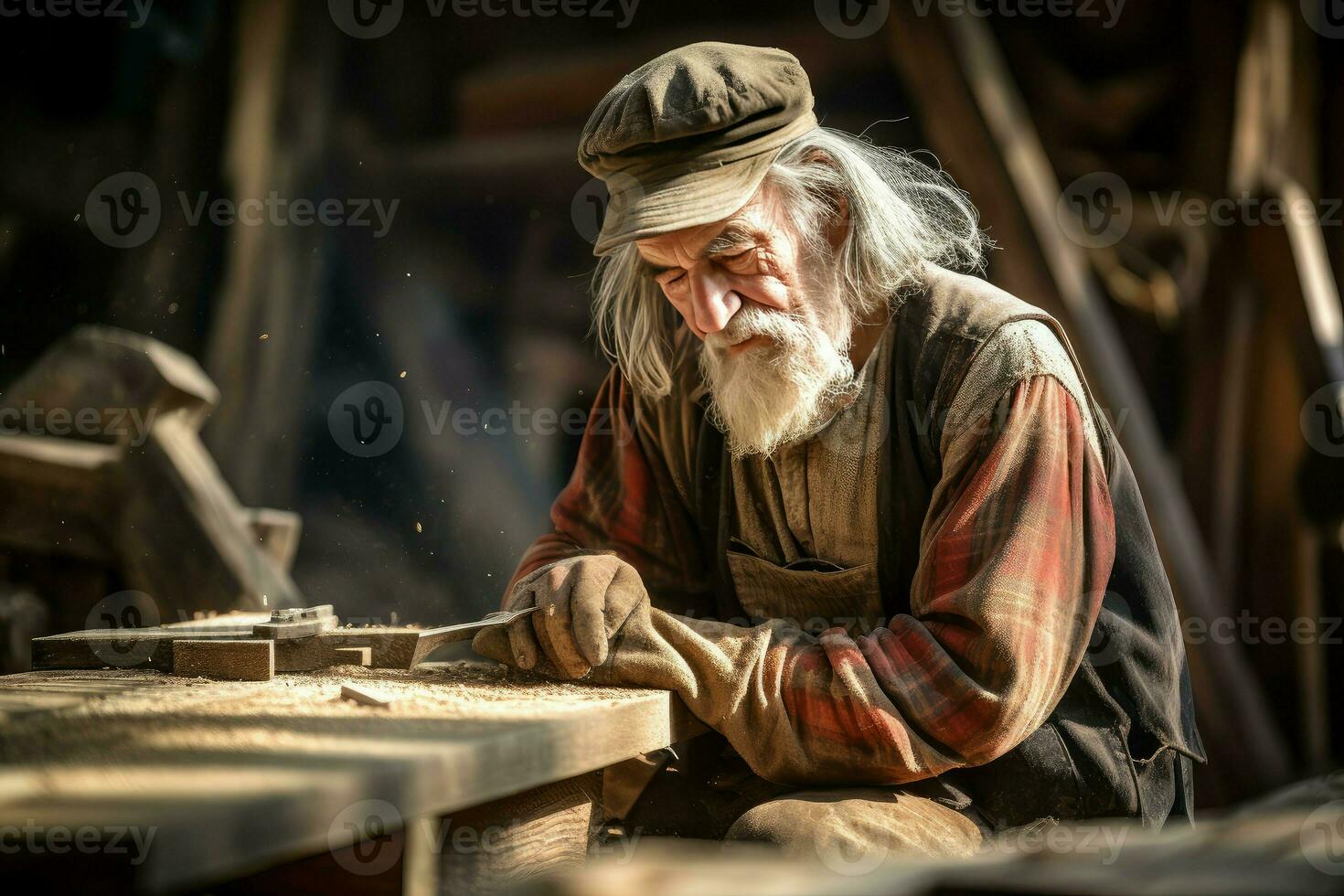 AI generated Meticulous Carpenter old man sawmill. Generate Ai photo