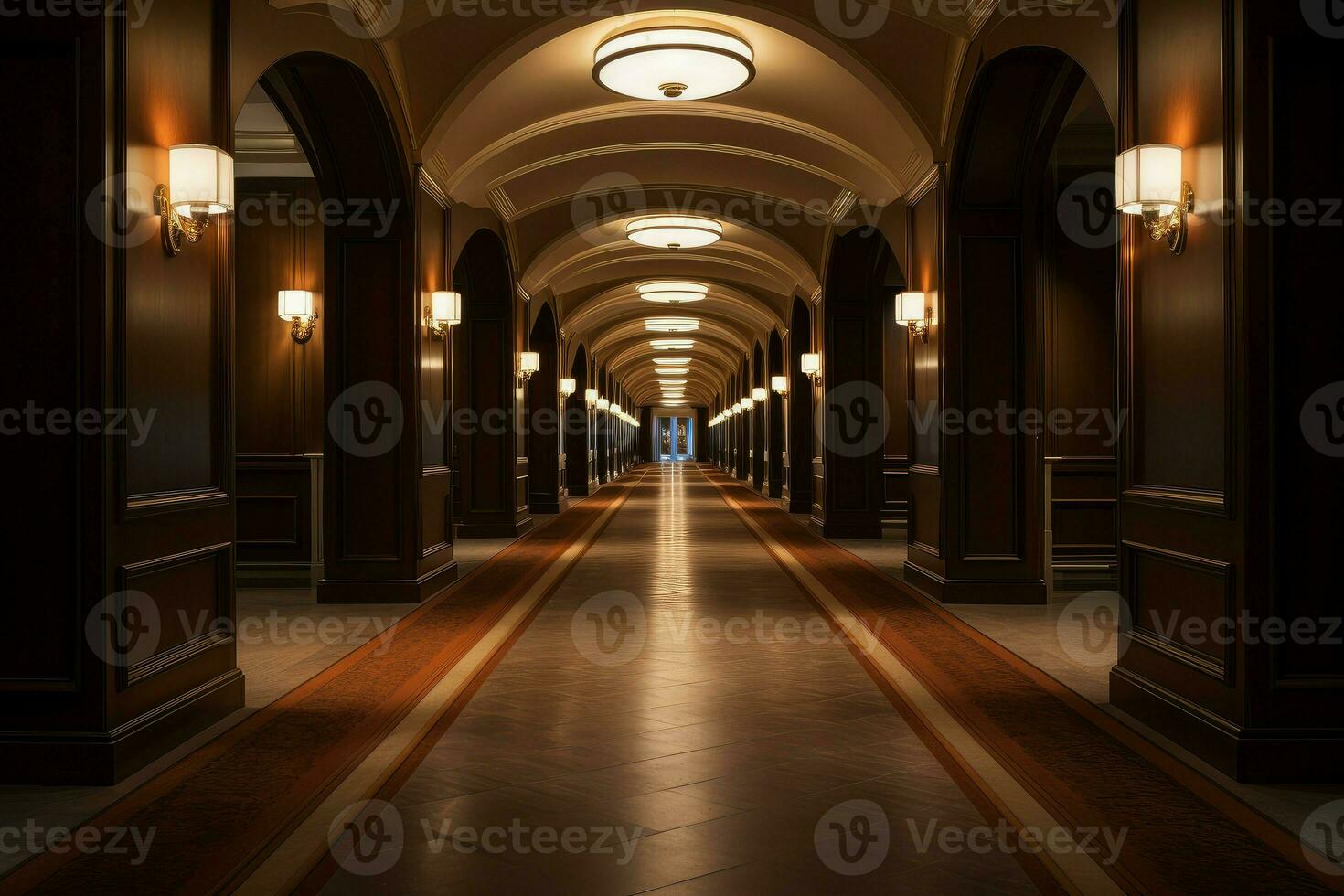 AI generated Soundless Interior long hotel corridor. Generate Ai photo