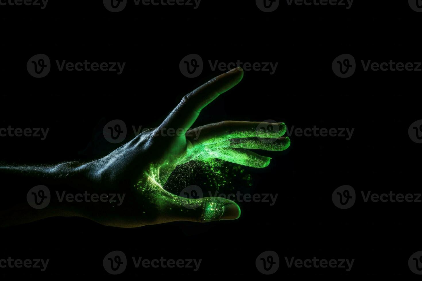 AI generated Green hologram of hand on black background. Generate ai photo